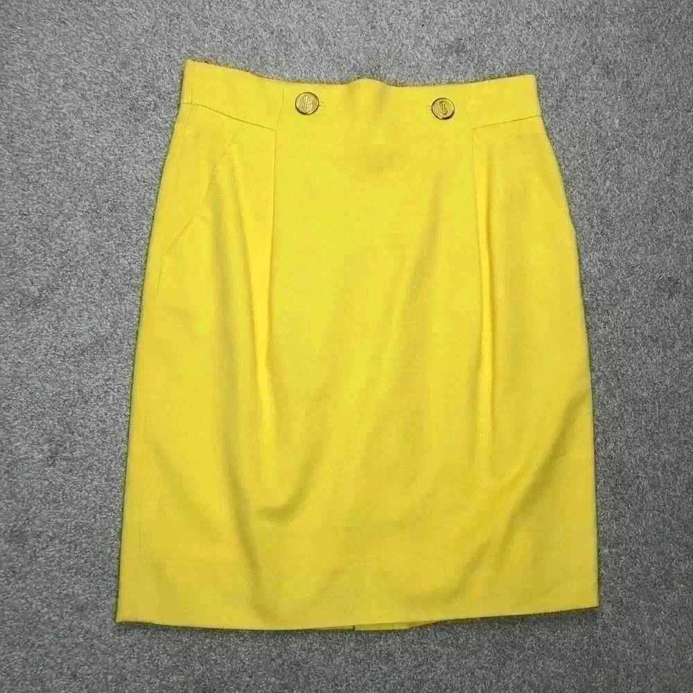 Louis Feraud Pencil Skirt Straight Yellow Color Lined Dollar Sign Buttons Sz 8